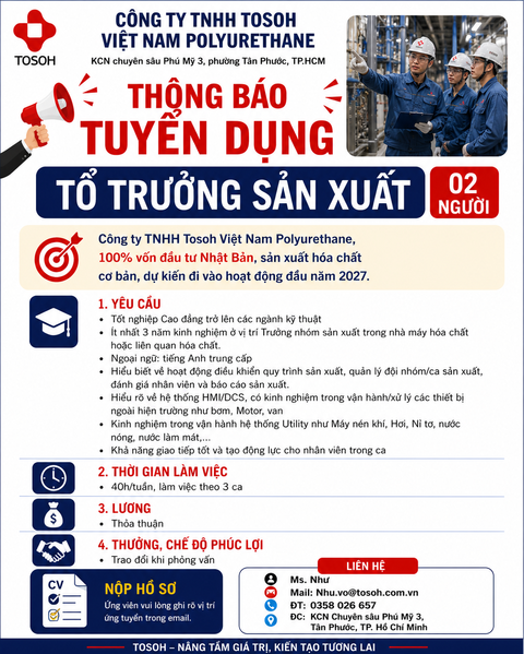 công ty TNHH tosho việt nam polyurethane
công ty có 100% vốn nhật bản
chuyên sản xuất hoá chất cơ bản và hoá chất MDI image