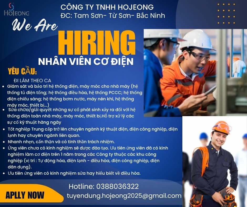 công ty TNHH hojeong tam sơn
công ty có 100% vốn hàn quốc
chuyên sản xuất linh kiện điện tử image