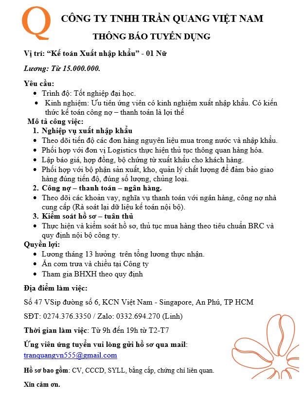 công ty TNHH trần quang việt nam hình ảnh tuyển dụng