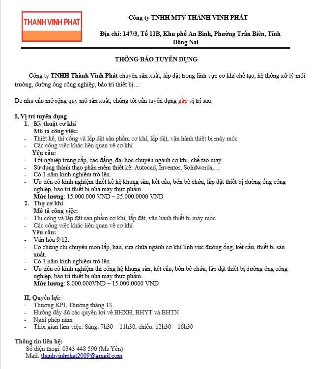 công ty TNHH MTV thành vĩnh phát
công ty chuyên lắp giáp thiết bị cơ khí, bảo trì bảo dưỡng.. image