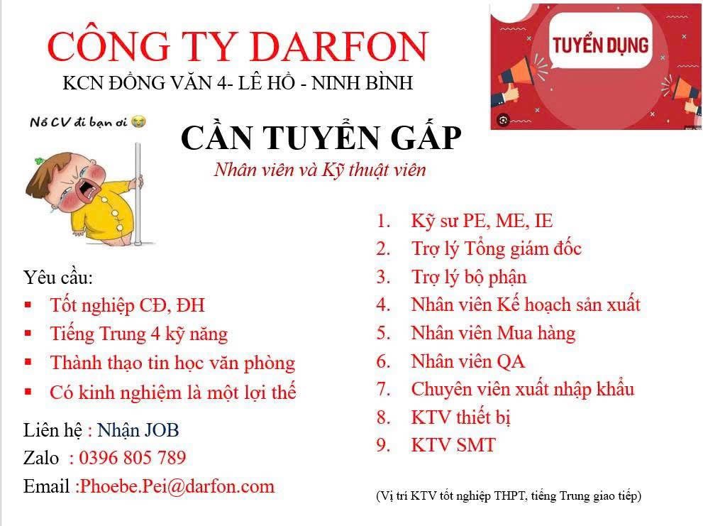 công ty TNHH darfon việt nam
công ty có 100% vốn đài loan
chuyên sản xuất linh kiện điện tử image