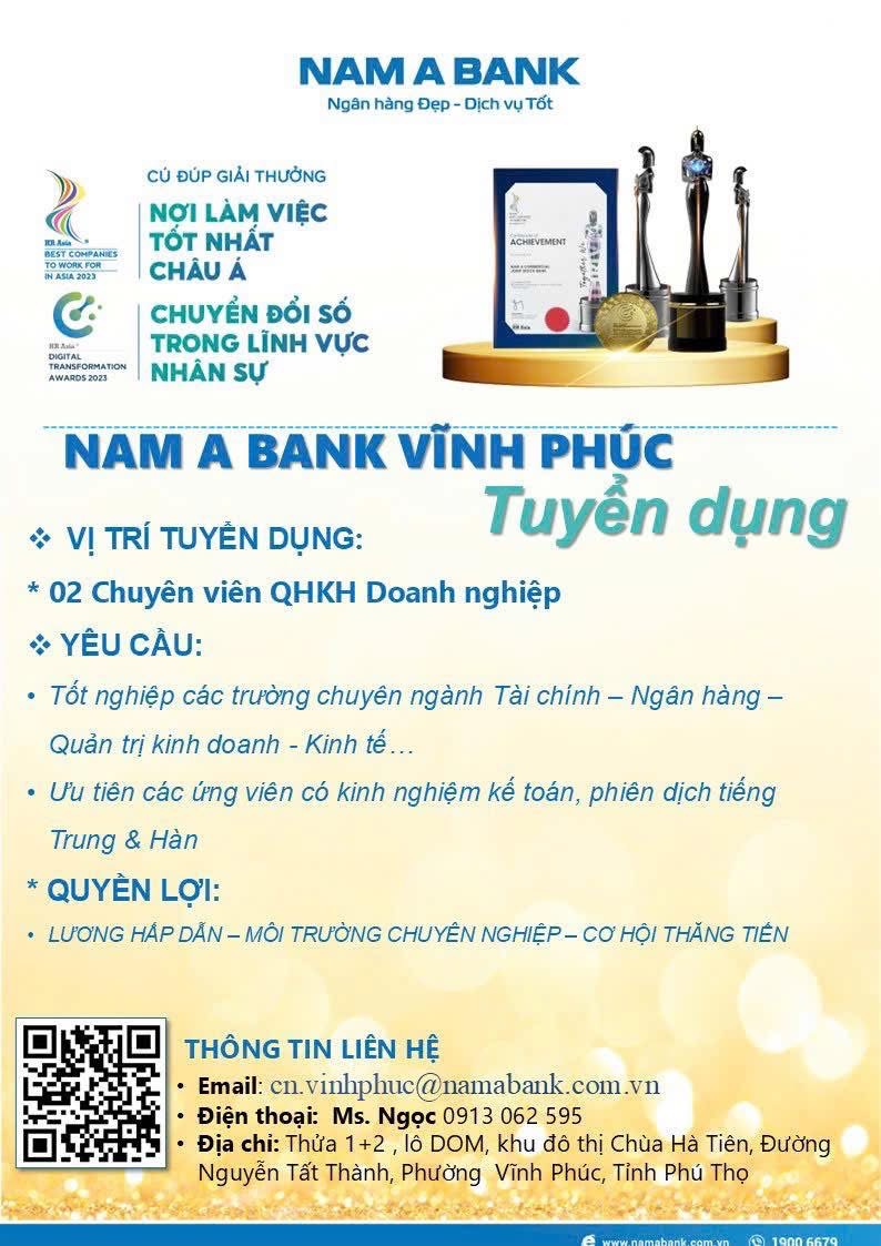 ngân hàng nam á bank chi nhánh vĩnh phúc
cần tuyển nhân viên chăm sóc khách hàng doanh nghiệp image