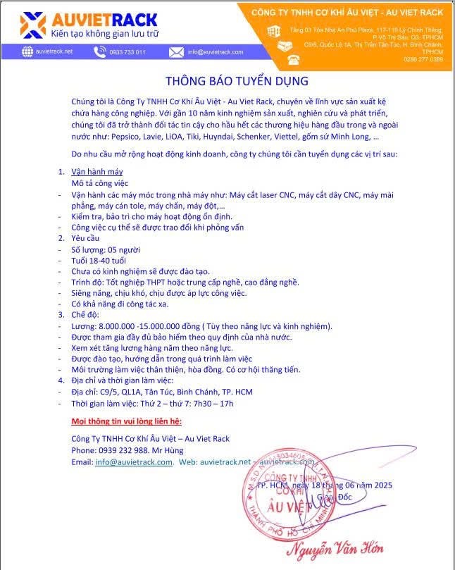 công ty TNHH cơ khí âu việt- au viet rack hình ảnh tuyển dụng