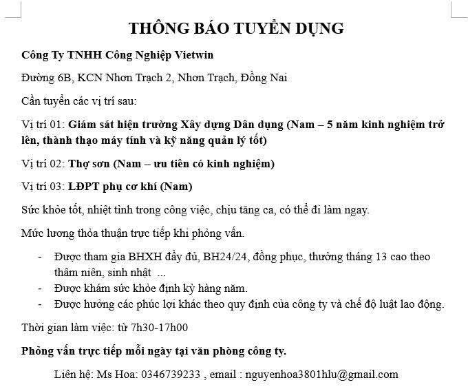 công ty TNHH công nghiệp vietwin
công ty có 100% vốn trung quốc.
Chuyên sản xuất mô tơ, biến áp, tủ điện ..
 image