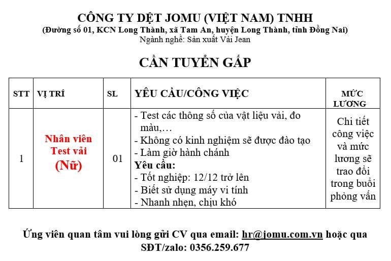 công ty TNHH dệt jomu việt nam hình ảnh tuyển dụng