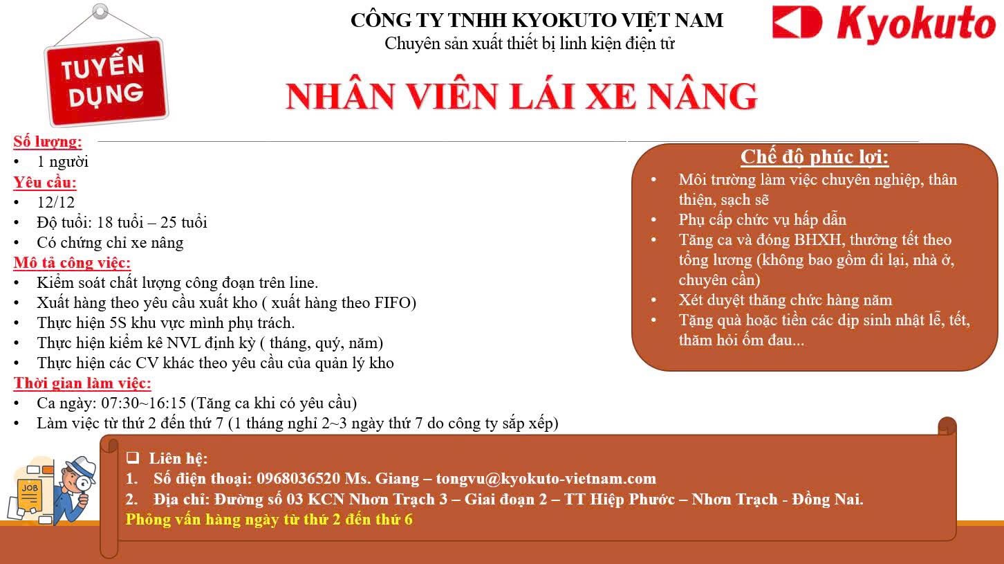 công ty TNHH kyokuto việt nam
công ty có 100% vốn nhật bản.
chuyên sản xuất linh kiện điện tử. image