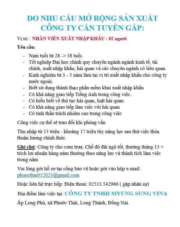 công ty TNHH myung sung vina hình ảnh tuyển dụng