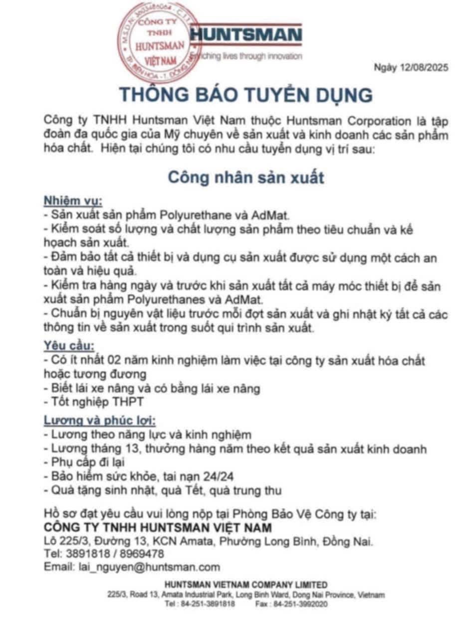 công ty TNHH huntsman việt nam
công ty có 100% vốn hoa kỳ
chuyên kinh doanh các sản phẩm liên quan đến hoá chất image