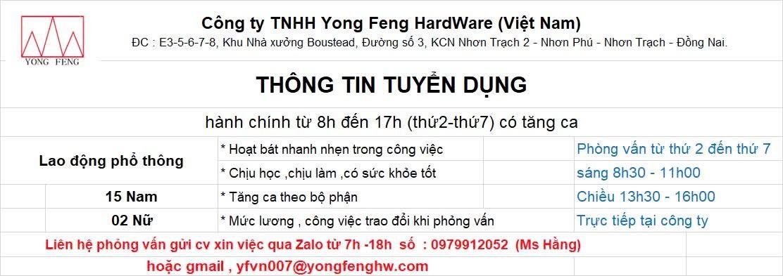 công ty TNHH yong feng hardware việt nam
công ty có 100% vốn hồng kong.
chuyên gia công kim loại. image