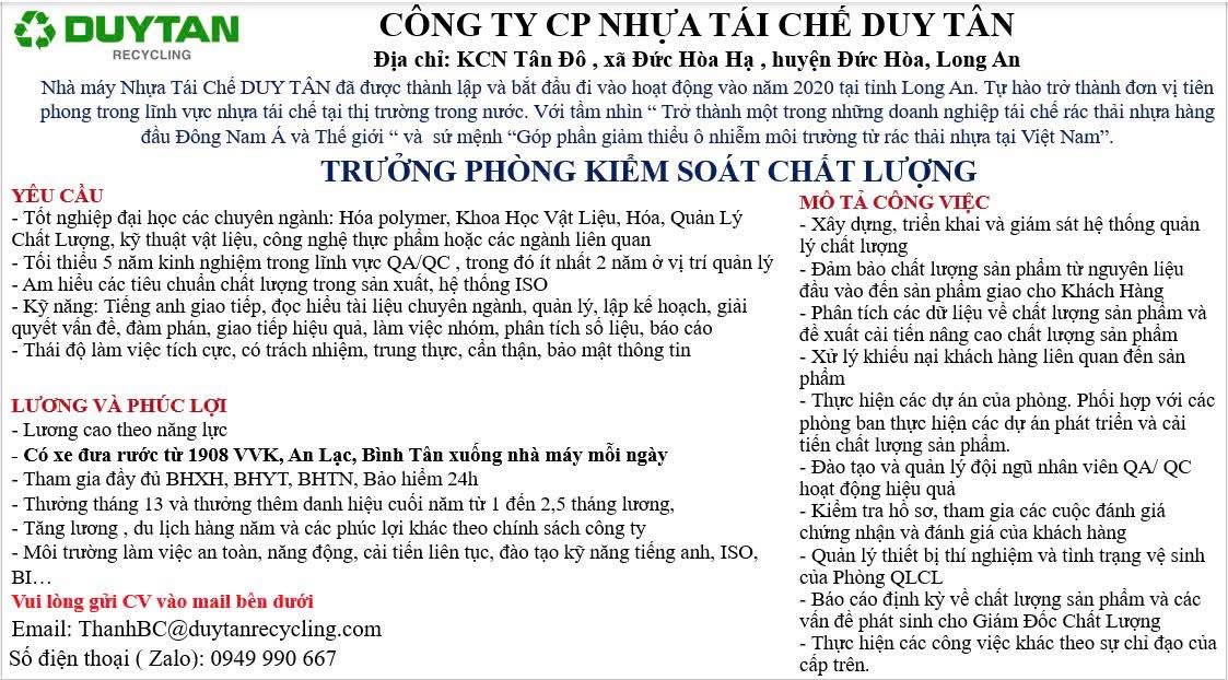 công ty cổ phần nhựa tái chế duy tân hình ảnh tuyển dụng