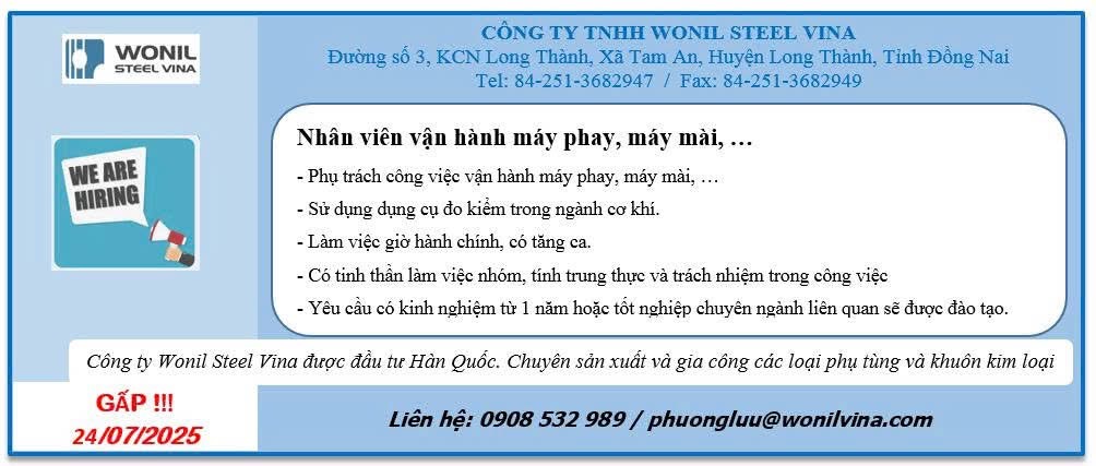 công ty TNHH wonil steel vina
công ty có 100% vốn hàn quốc
chuyên sản xuất gia công phụ tùng và khuôn kim loại image