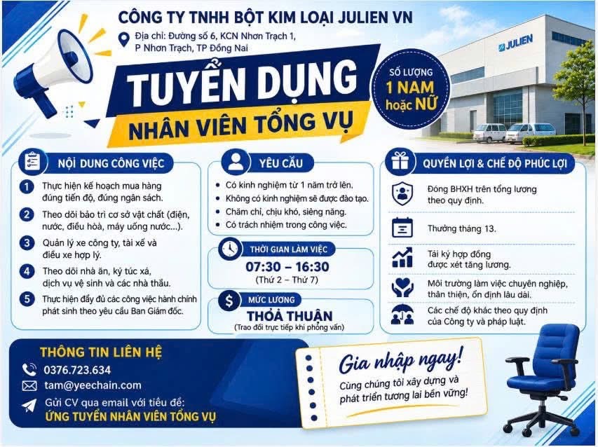 công ty TNHH bột kim loại julien việt nam
công ty có 100% vốn đài loan
chuyên sản xuất bột kim loại màu, kim loại quí hiếm image