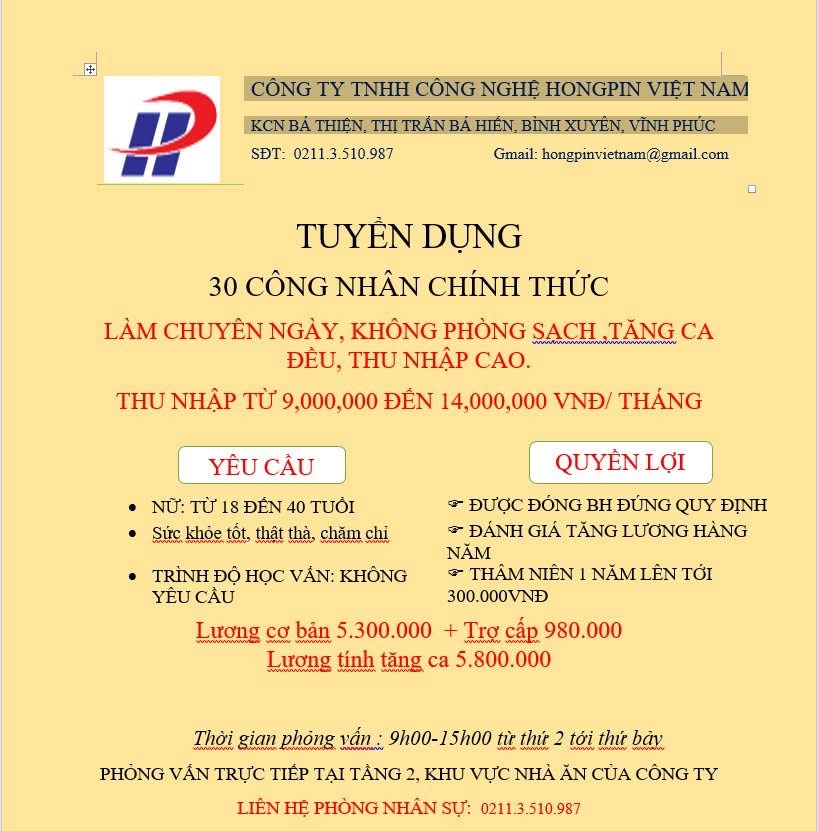 công ty TNHH công nghệ hongpin việt nam
công ty có 100% vốn đài loan.
chuyên sản xuất linh kiện điện tử image