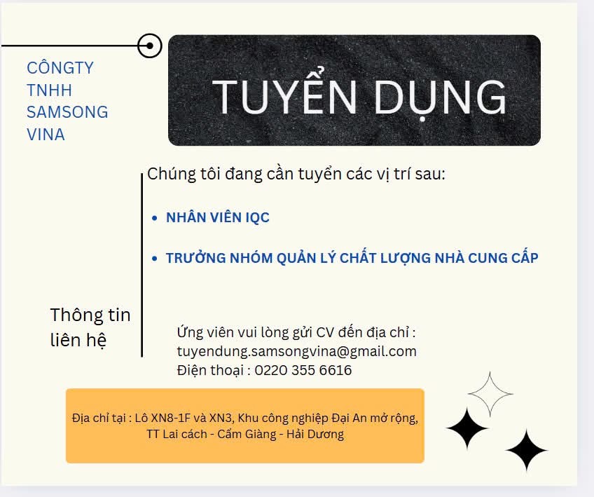 công ty TNHH samsong vina
công ty có 100% vốn hàn quốc.
chuyên sản xuất lắp giáp dây đai an toàn xe ô tô image