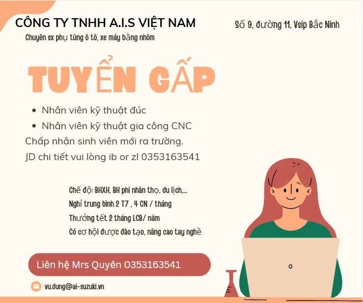 công ty TNHH A.I.S việt nam
công ty có 100% vốn nhật bản.
công ty chuyên gia công, lắp giáp các sản phẩm về nhôm cho ô tô, xe máy image