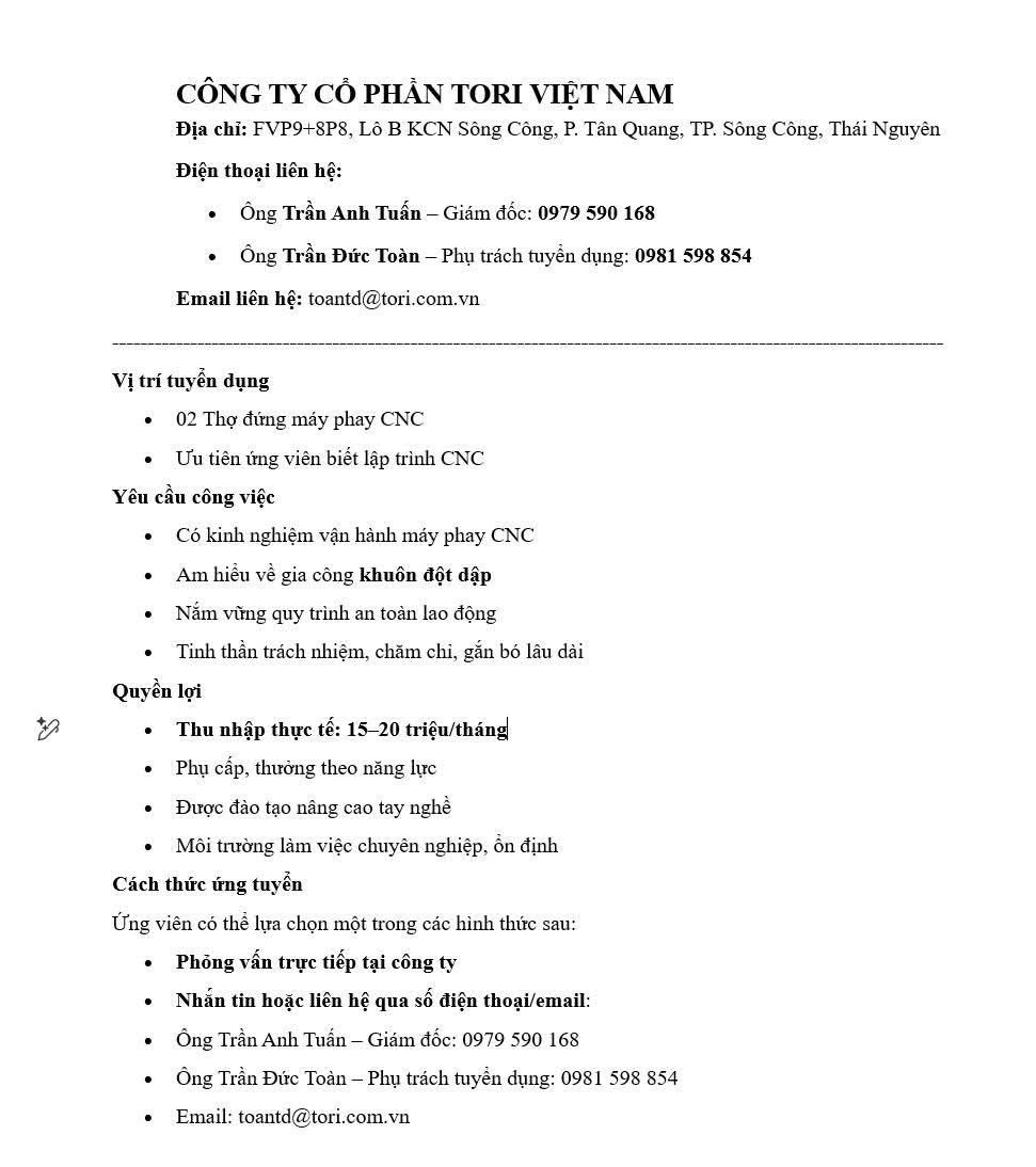 công ty cổ phần tori việt nam hình ảnh tuyển dụng