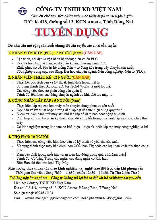 công ty TNHH KD việt nam
công ty có 100% vốn hàn quốc
Chuyên chữa chữa máy móc thiết bị ngành giày image