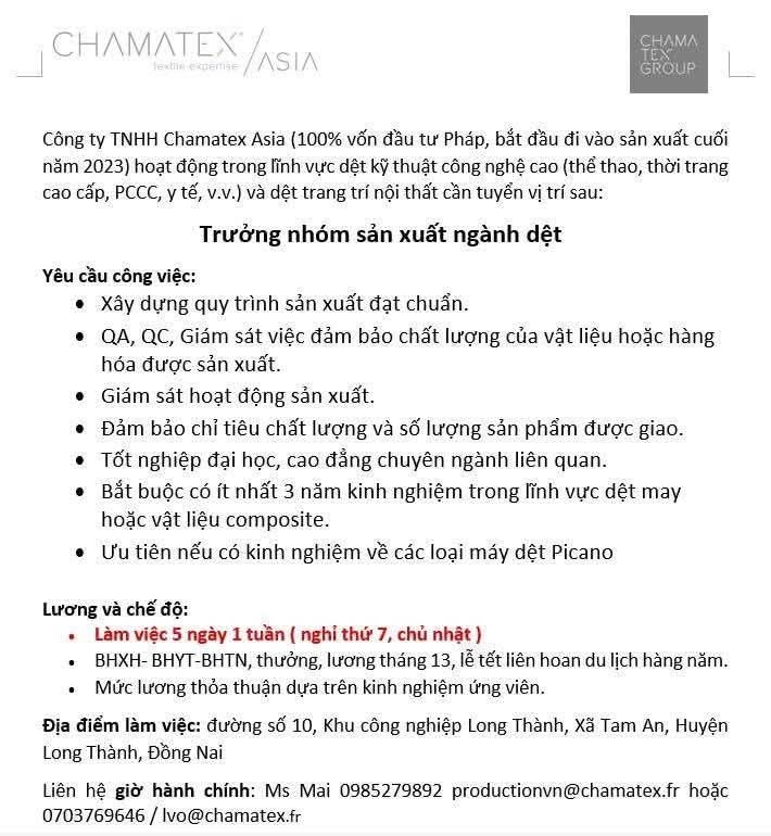 công ty TNHH chamatex asia
công ty có 100% vốn của pháp
chuyên sản xuất dệt kỹ thuật công nghệ cao image