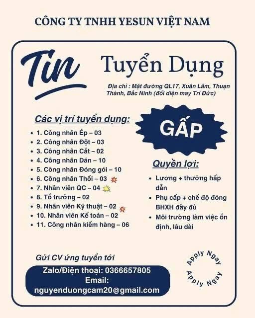 công ty TNHH yesun việt nam hình ảnh tuyển dụng