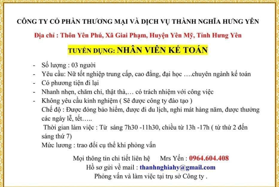 công ty cổ phần thương mại và dịch vụ thành nghĩa hưng hình ảnh tuyển dụng