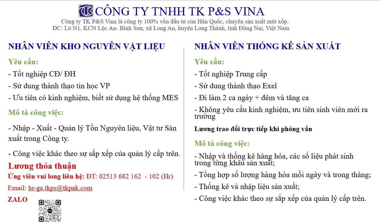 công ty TNHH  TK P&S vina
công ty có 100% vốn hàn quốc
chuyên sản xuất múc xốp image