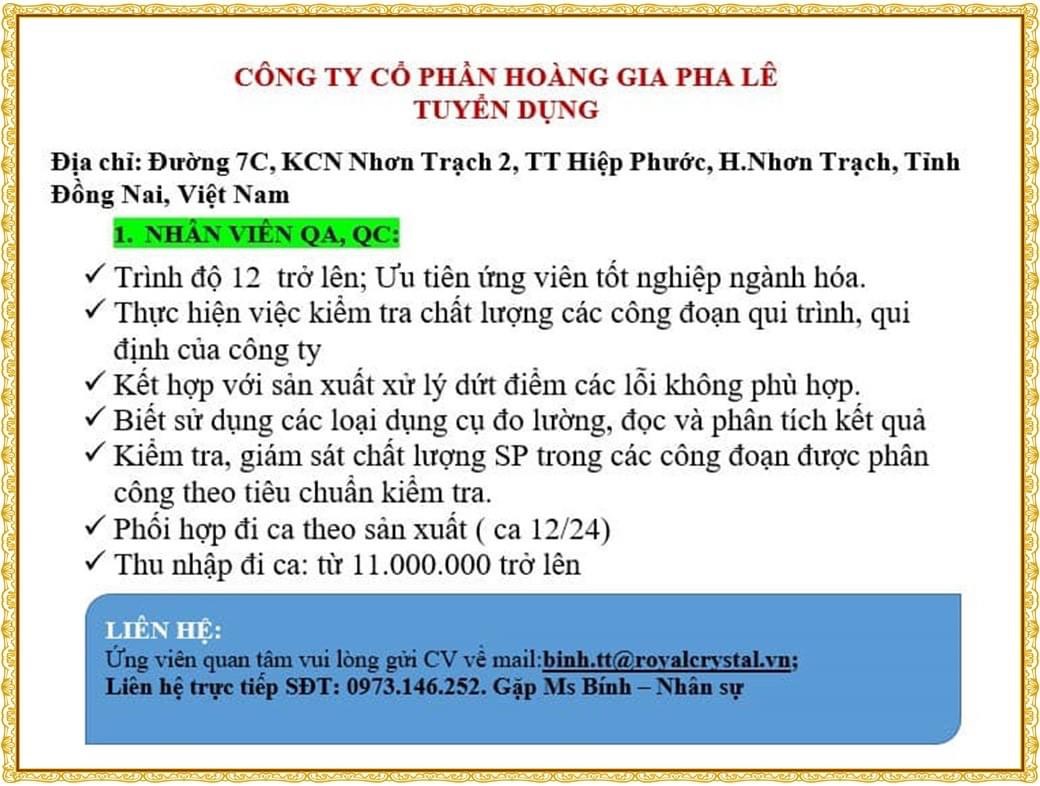 công ty cổ phần hoàng gia pha lê hình ảnh tuyển dụng