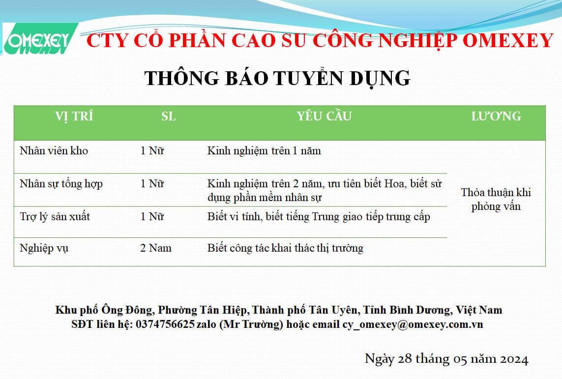 công ty cổ phần cao su công nghiệp omexey hình ảnh tuyển dụng