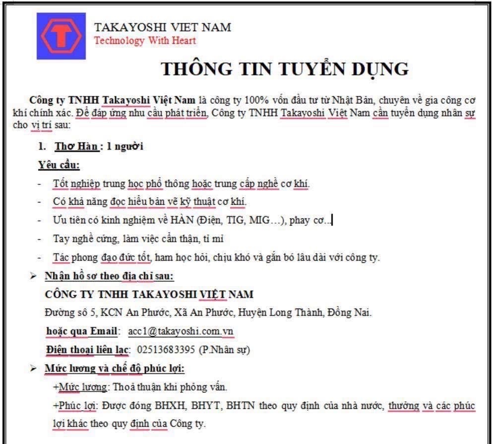 công ty TNHH takayoshi việt nam hình ảnh tuyển dụng