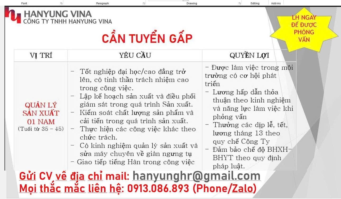công ty TNHH hanyung vina hình ảnh tuyển dụng