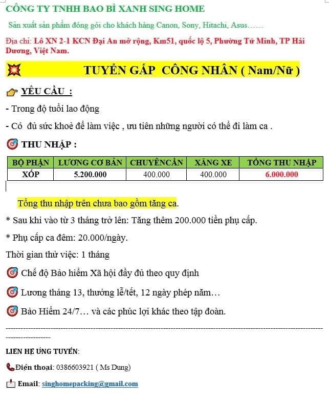 công ty TNHH bao bì xanh sing home
công ty có 100% vốn nước ngoài.
chuyên sản xuất bao bì, với các khách hàng là : canon, sony... image