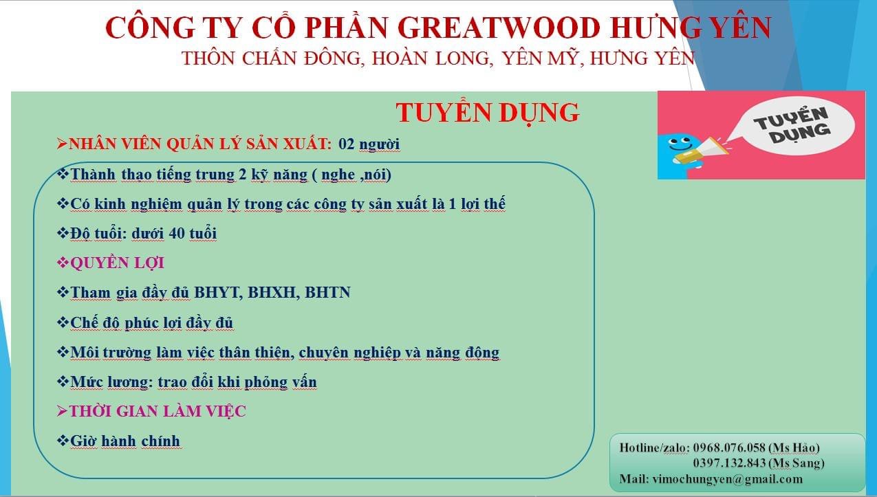 công ty cổ phần greatwood hưng yên
công ty có vốn đầu tư trung quốc
chuyên sản xuất đồ gỗ image