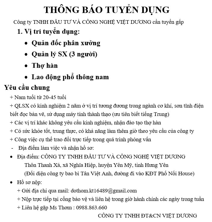 công ty TNHH đầu tư và công nghệ việt dương hình ảnh tuyển dụng