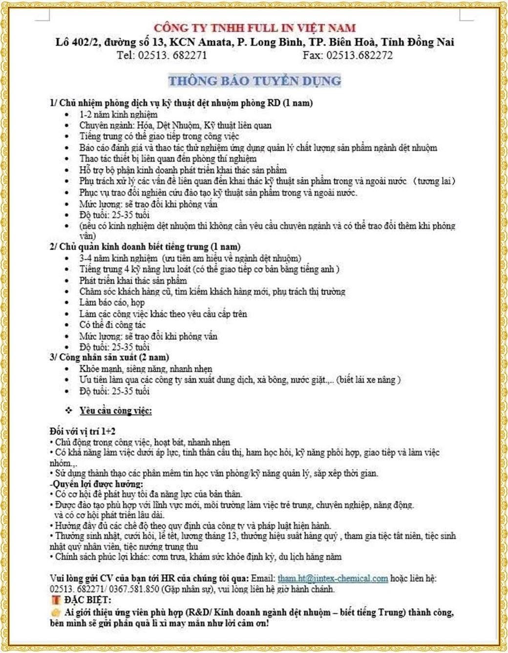 công ty TNHH full in việt nam
công ty có 100% vốn nước ngoài.
chuyên sản xuất các chất phụ trợ cho ngành dệt image