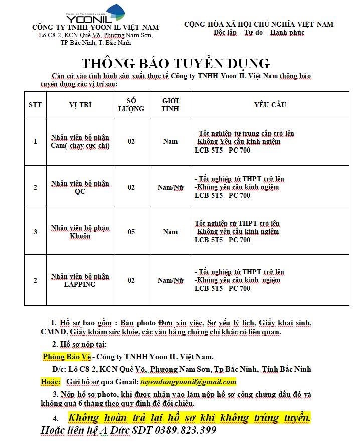 công ty TNHH yoon il việt nam hình ảnh tuyển dụng