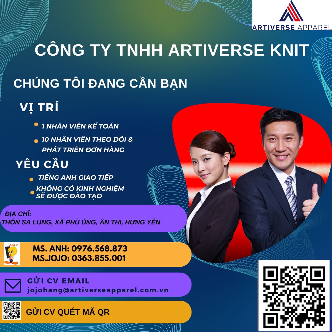 công ty TNHH artiverse knit
công ty có 100% vốn nước ngoài. 
chuyên sản xuất hàng may mặc xuất khẩu. image