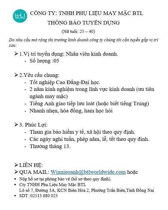 công ty TNHH phụ liệu may mặc btl
công ty có vốn nước ngoài.
công ty chuyên sản xuất cúc áo và phụ liệu ngành may
 image