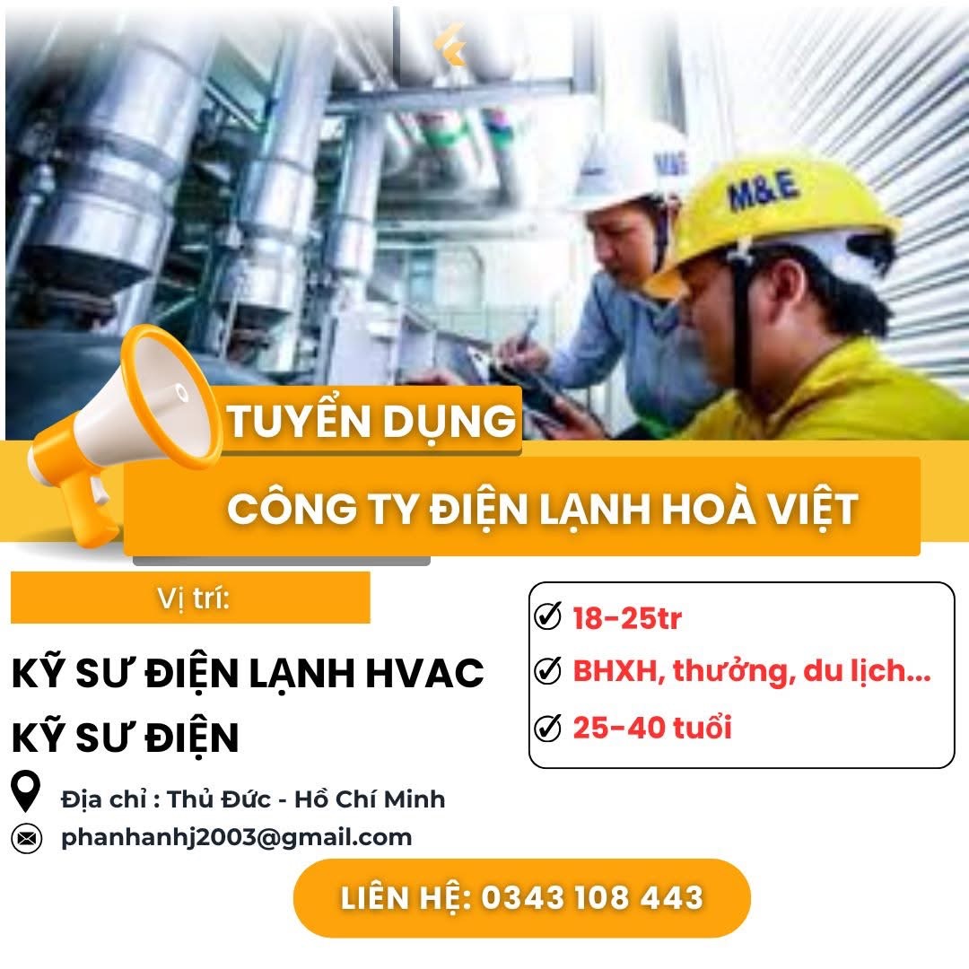 công ty TNHH cơ điện lạnh hoà việ
công tu chuyên lắp đặt máy móc thiết bị điện, điện lạnh. image