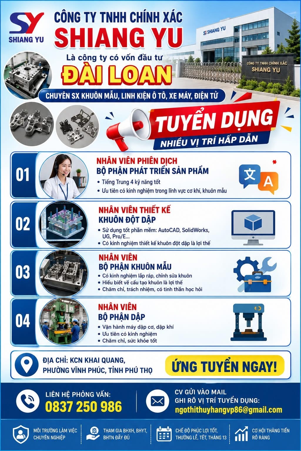 công ty TNHH chính xác shiang yu
công ty có 100% vốn đài loan
chuyên sản xuất khuôn mẫu, linh kiện ô tô, xe máy image