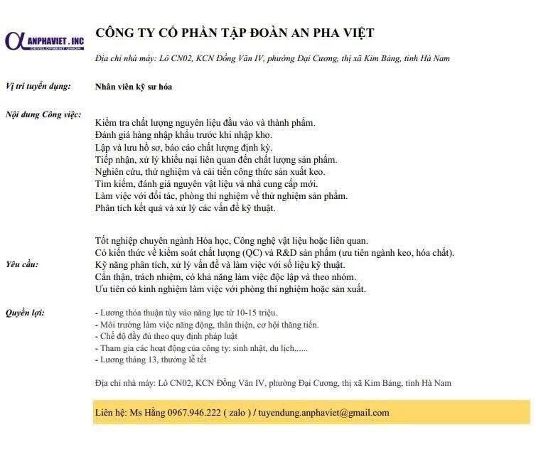 công ty cổ phần tập đoàn an pha việt hình ảnh tuyển dụng