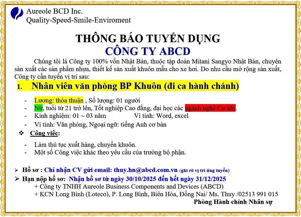công ty TNHH aureole business components and devices
công ty có 100% vốn nhật bản.
chuyên sản xuất khuôn nhựa cho các hãng xe hơi image