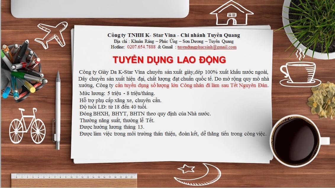 công ty TNHH K- star vina, chi nhánh tuyên quang
công ty có 100% vốn hàn quốc.
chuyên sản xuất giày, dép xuất khẩu image