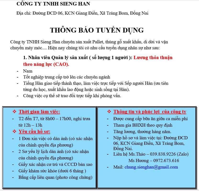 công ty TNHH sienghan hình ảnh tuyển dụng