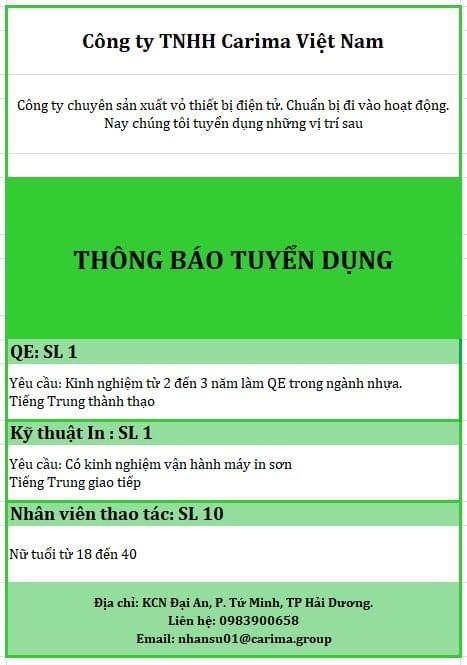 công ty TNHH carima việt nam.
công ty có 100% vốn nước ngoài. chuẩn bị đi vào sản xuất.
chuyên sản xuất vỏ thiết bị điện tử. image