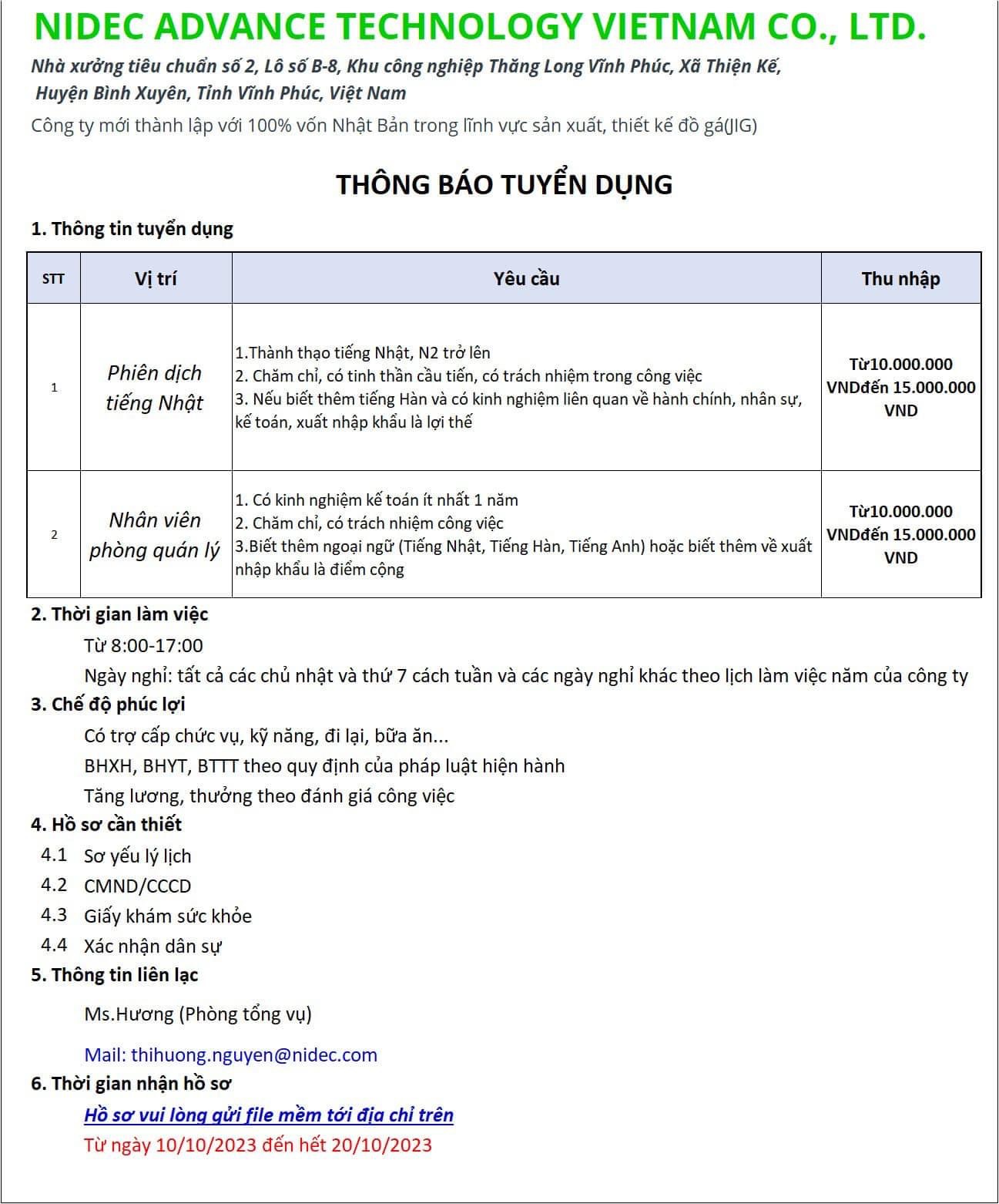 công ti TNHH công nghệ tiên tiến nidec việt nam.
Là công ti mới thành lập với 100% vốn nhật bản.
Chuyên sản xuất và thiết kế đồ gá image