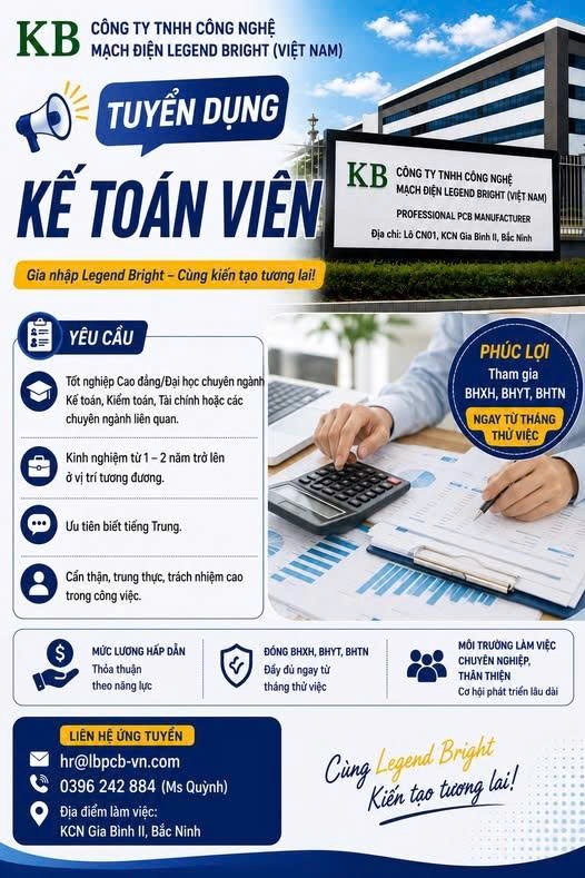 công ty TNHH công nghệ mạch điện legend bright việt nam
công ty có 100% vốn hồng kong
chuyên sản xuất linh kiện điện tử và bản mạch in bcp image