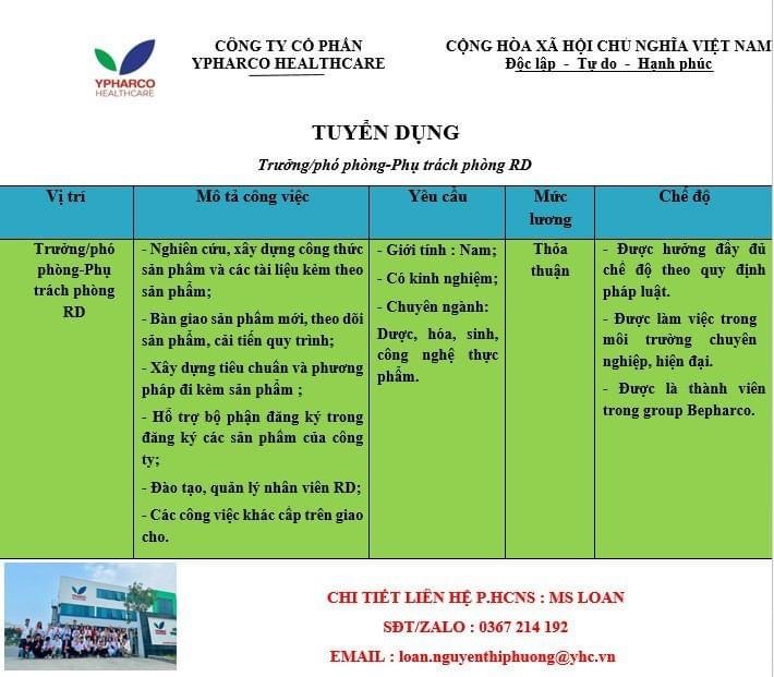 công ty cổ phần ypharco healthcare hình ảnh tuyển dụng