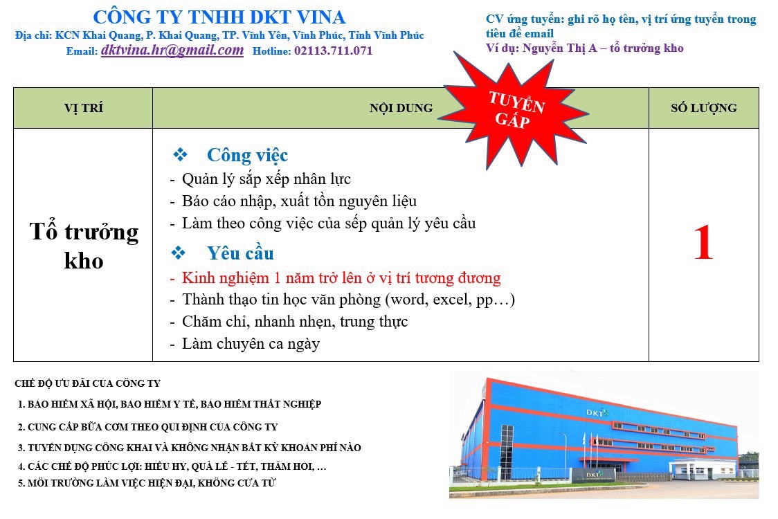 Công ti TNHH DKT vina.
Cần tuyển gấp : tổng tổ trưởng kho image