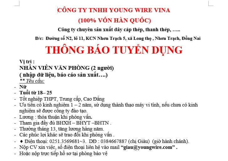 công ty TNHH young wire vina hình ảnh tuyển dụng