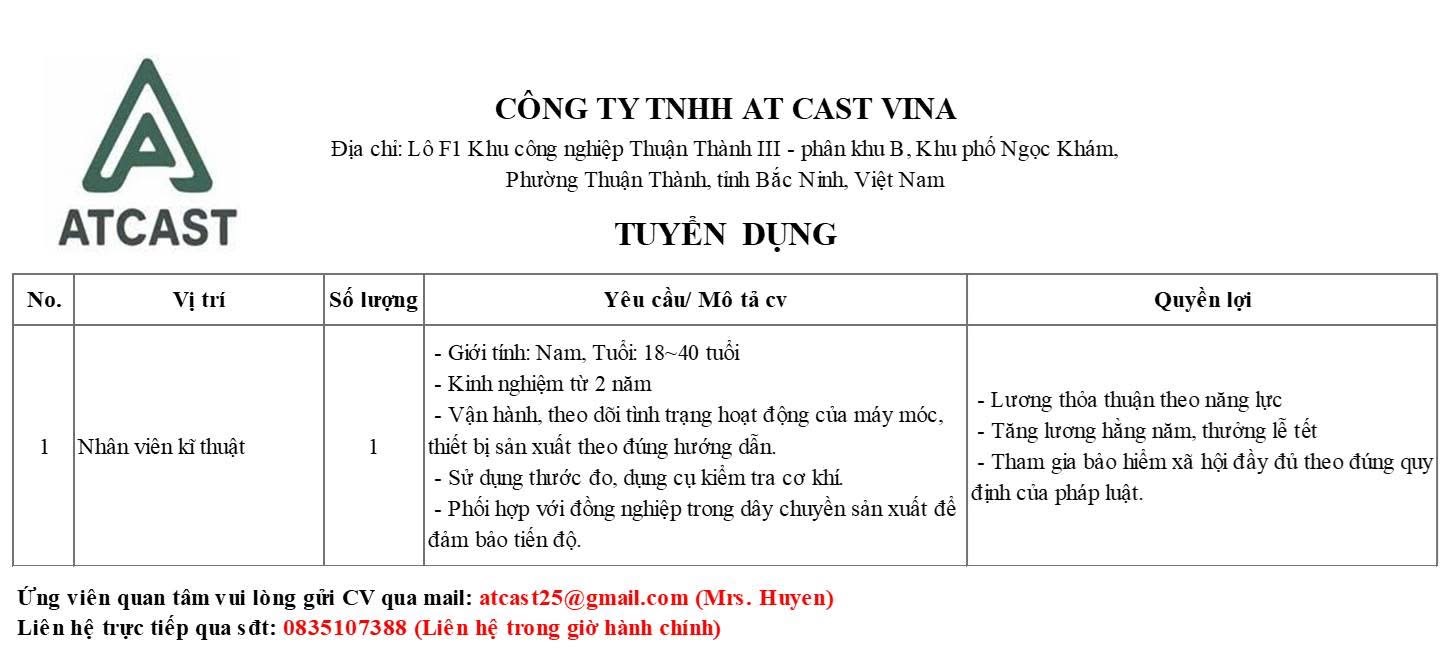 công ty TNHH at cast vina
công ty có 100% vốn hàn quốc
chuyên sản xuất phụ tùng ô tô xe máy image