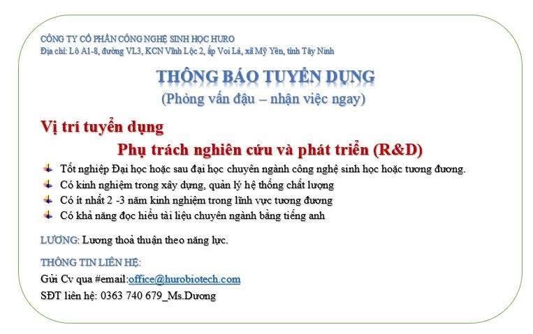 công ty cổ phần công nghệ sinh học huro hình ảnh tuyển dụng
